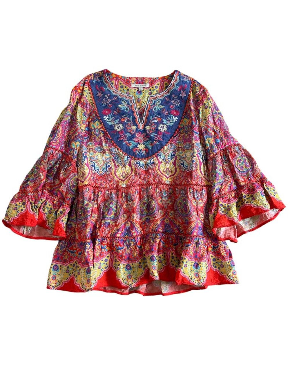 John Mark Womens Sz S Paisley Embroidered Boho Peasant Top Bell Sleeves